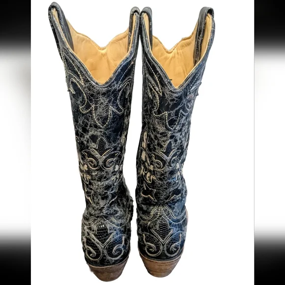 Corral Lizard Inlay Distressed Black Western Boots Floral Design C2108 Womens 7M - Picture 4 of 7